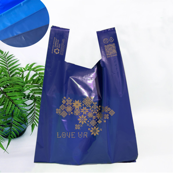 T-Shirt plastic bag for privat-label 34(2х8)х57, 51 µm, LDPE recycled glossy package, мікс кольоровий, "CHERPACK RECYCLED"