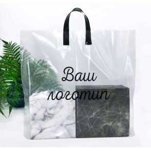 Loop Handle plastic bag for privat-label, 57х50(+3)см, 70 µm, LDPE glossy package, transparent, black handle
