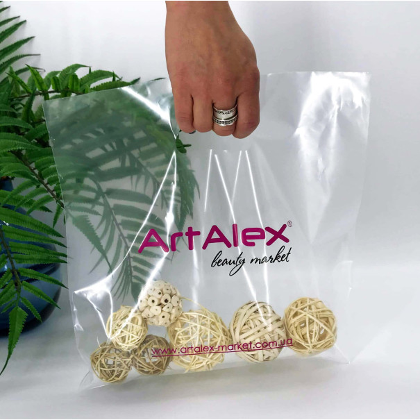Die Cut Handle plastic bag for privat-label 30х30 см, 60 µm, transparent, LDPE glossy package