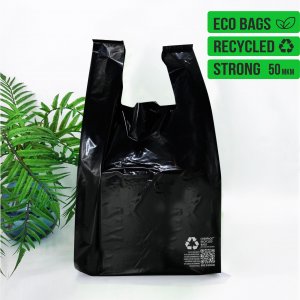 T-Shirt plastic bag, Cherpack Recycled, 34х55cm, black -Chernigov Package - Фото 34х55_ПВД_50_мкм+