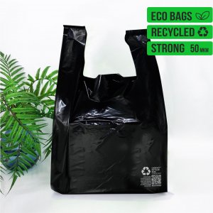 T-Shirt plastic bag, Cherpack Recycled, 40х55cm, black -Chernigov Package - Фото 40х55_ПВД_50_мкм+